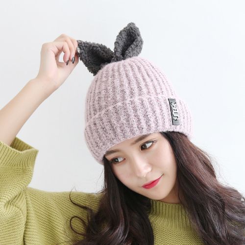 帽子女冬季韩版潮可爱毛线帽女加厚时尚兔猫耳朵加绒针织帽护耳帽图片